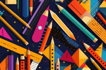 Graphic patterned background of pencils, rulers, and geometric shapes, featuring a vibrant and contrasting colour scheme to provide a visually dynamic and lively backdrop for educational overlays