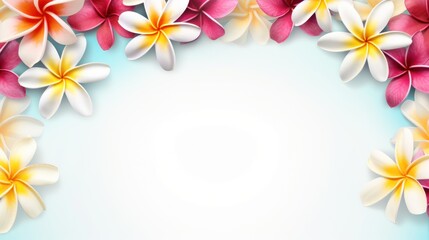 White and pink frangipani flowers on blue background. illustration. Generative AI