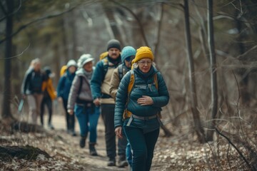 A group of hikers on a trail with an older woman leading the group, seniors helping others.