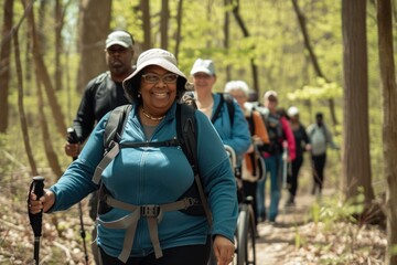 A diverse group of people trekking in a forest or national park, happy group of hikers.