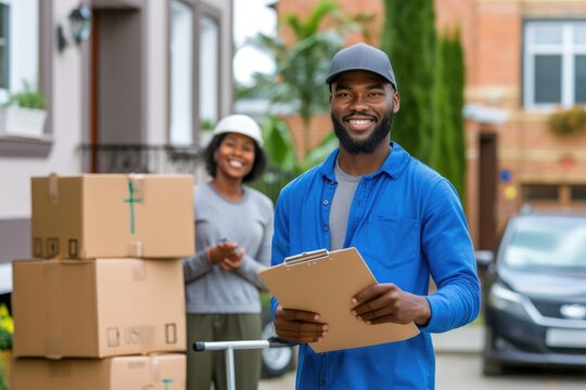 Black delivery guy with a happy female customer, moving or delivering goods.