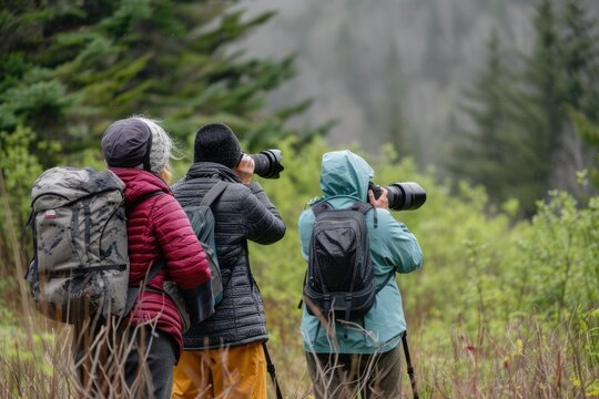 Group of birdwatchers with cameras and backpacks in a park photographing animals. 