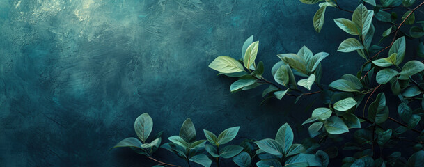 Fototapeta na wymiar green leaves with frame on dark background