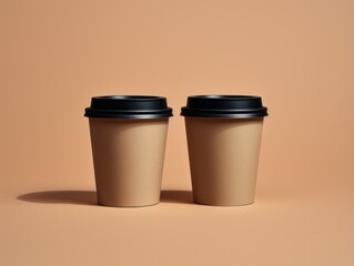 Two paper coffee cups on orange background. 3d render illustration. Generative AI