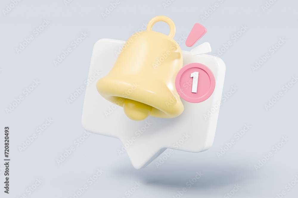Poster 3d notification bell alert icon with color object floating around isolated on pink background. new a