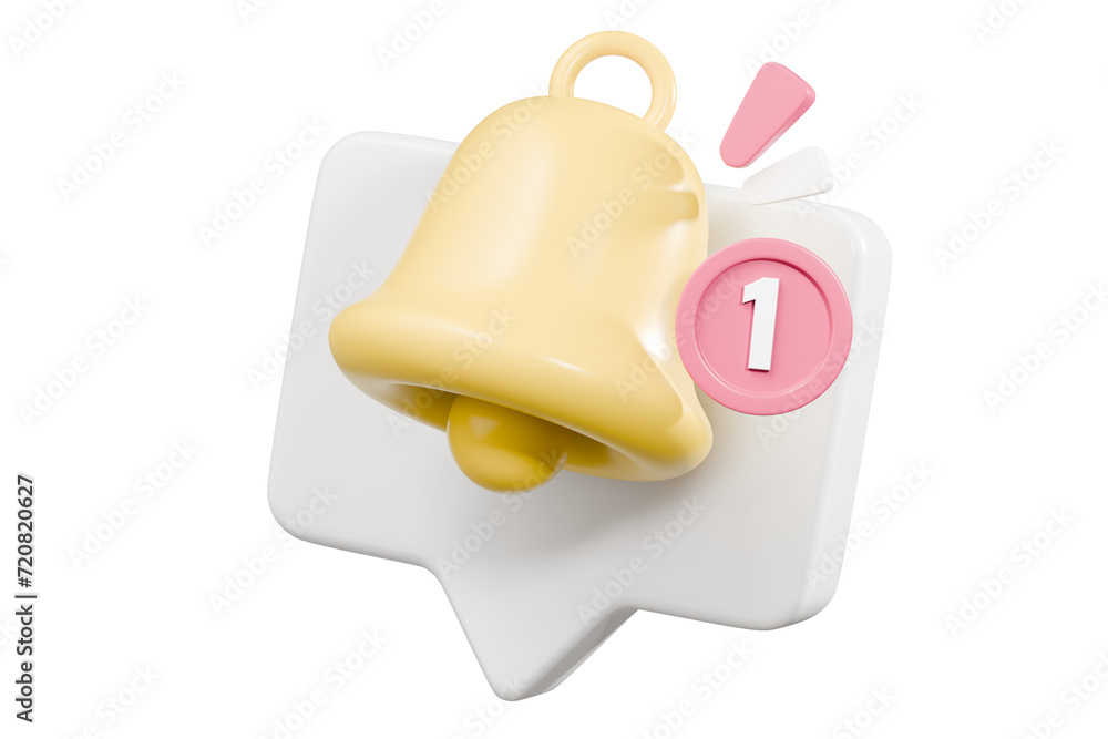 Poster 3d notification bell alert icon with color object floating around isolated on pink background. new a