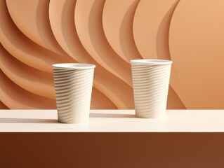 3d render of two paper coffee cups on a brown background. Generative AI