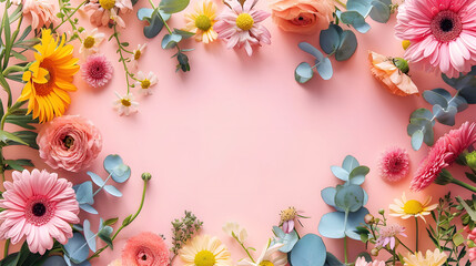 A vibrant selection of various flowers meticulously arranged in a circular pattern on a pastel pink background creates a festive springtime composition
