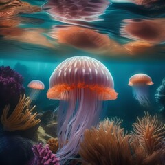 Naklejka na ściany i meble Surreal underwater scene with floating jellyfish and colorful coral Dreamlike and mystical illustration for aquatic or fantasy-themed projects3