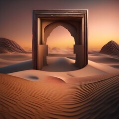 Surreal desert landscape with floating islands and mysterious doorways Dreamlike illustration for abstract or fantasy-themed designs2