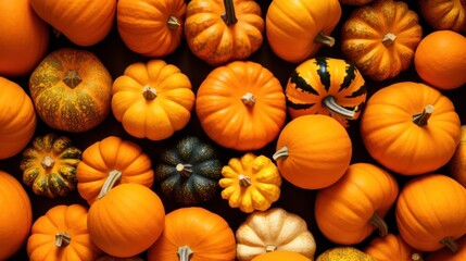Colorful pumpkins background. Top view. Flat lay pattern. Generative AI