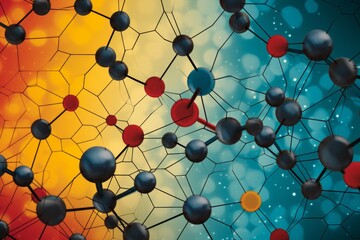 Graphic patterned background molecular models and chemical formulas, featuring a vibrant and contrasting color scheme to provide a visually stimulating and modern canvas for educational designs.