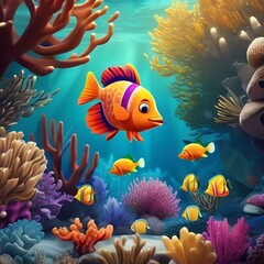 Fototapeta na wymiar Vibrant underwater world with whimsical fish and coral reef Playful and colorful cartoon illustration for childrens book or nursery decor3