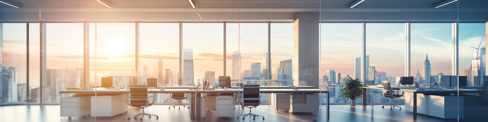 Panorama of a large office with large panoramic windows and a view of the metropolis at dawn in the rays of the sun. AI generated