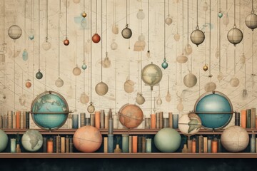 Graphic patterned background of globes and diverse educational tools, using a muted colour palette to create a sophisticated and globally inspired atmosphere for informative overlays - obrazy, fototapety, plakaty