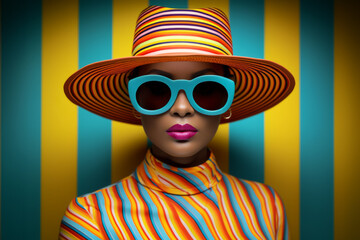 fashion model in colorful striped outfit in fashion sunglasses and hat on striped background
