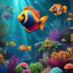 Fototapeta na wymiar Vibrant underwater world with whimsical fish and coral reef Playful and colorful cartoon illustration for childrens book or nursery decor1