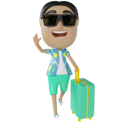 a tourist posing shaking hands while carrying a suitcase