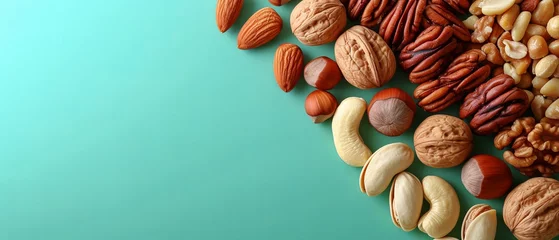 Fotobehang Mixed nuts are arranged on a green background © DigitalMuseCreations