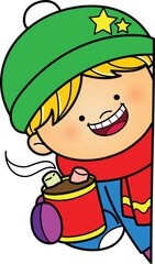 Winter peeking boy and hot chocolate marshmallow clip art