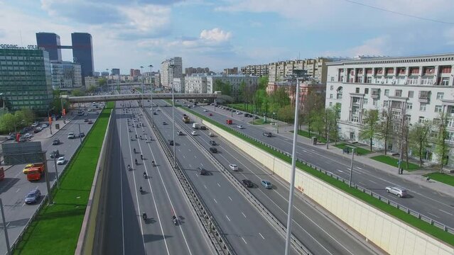 Cityscape with transport traffic and bikers motorcade 
