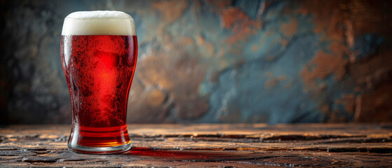 Glass of Red Beer on Wooden Table with Copy Space