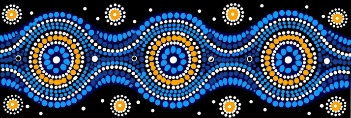 Blue and Yellow Pattern on Black Background. Australian Dot-painting aboriginal . - obrazy, fototapety, plakaty