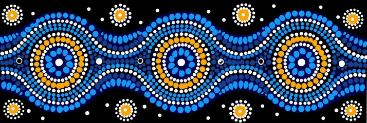 Foto op Canvas Blue and Yellow Pattern on Black Background. Australian Dot-painting aboriginal . © Jean Isard