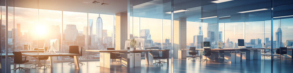 Panoramic image of a large bright modern office with large panoramic windows and a view of the metropolis at dawn in the rays of the sun. AI generated
