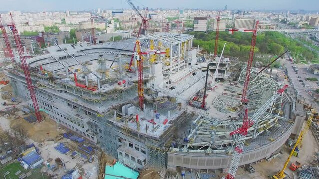 Construction site of soccer stadium Dynamo and cityscape
