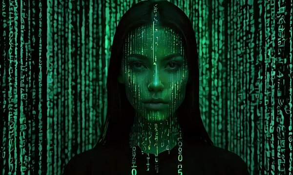 Emerald Code Symphony: Silhouetted Beauty in Binary Harmony