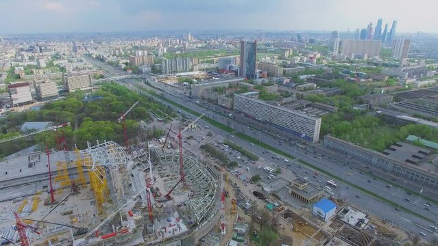 Cityscape with construction site of football arena Dynamo 
