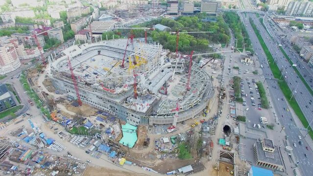 Construction site of soccer stadium Dynamo near city highway