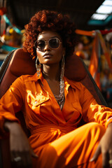 fashion cover of attractive African American black woman in trendy sunglasses and orange outfit