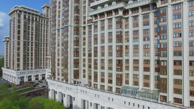 Exterior of tall residential house Triumph-Palace. Aerial view
