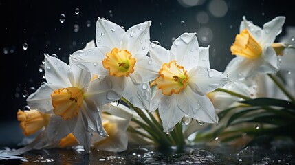 Luminous Beacons: Dampened Bright Yellow Daffodils Heavy with Rain AI Generated