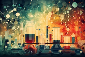 Graphic patterned background of interconnected chemical reactions and formulae,  the complexity of chemistry and create a visually engaging educational texture
