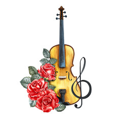 Fototapeta premium A violin decorated with red roses and a treble clef. The watercolor illustration is hand-drawn. For posters, flyers and invitation cards. For banners and postcards, logos, badges, stickers and prints.