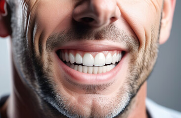 Close-up cropped image of an adult bearded man. A man with dentures smiles. Perfect smile. Whitening, dental care, oral healthcare, dentistry advertisement concept. Generated AI
