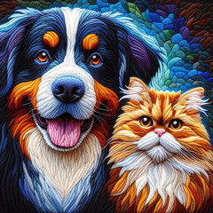 Felt art patchwork, Portrait of Happy dog and cat