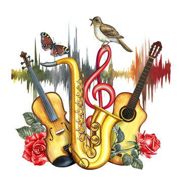 Musical instruments, violin, saxophone, guitar with treble clef and nightingale and roses. The watercolor illustration is hand-drawn. For posters, flyers and invitation cards, banners and postcards.