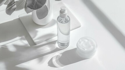 white countertop with lotion, face cream and plant on white background, in the style of high-tech futurism, monochromatic shadows, hiroshi sugimoto, transparency, rounded forms, selective focus, decon