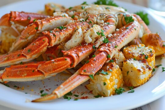 split open crab legs covered in roasted potatoes, chunks of corn cob 