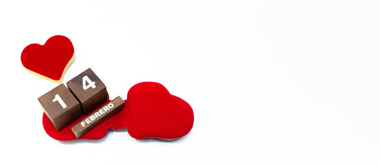 14 de Febrero Banner. Concepto vintage del Día de los enamorados. Bloques de madera con el número...