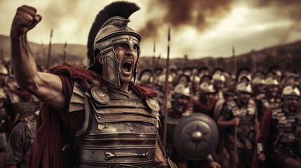 Dramatic illustration of Roman centurion, shouting charge with thousands of Roman soldiers behind him. - obrazy, fototapety, plakaty