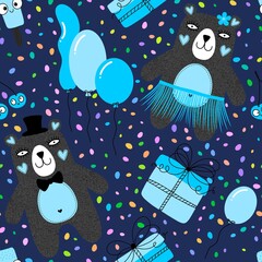 Birthday party cartoon animals seamless bears and balloons and gift pattern for wrapping paper and fabrics