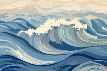 Foto op Plexiglas Environmental themed background with a palette of oceanic blues and sandy beige, incorporating a dynamic wave pattern to symbolise the importance of water conservation and marine sustainability  © David