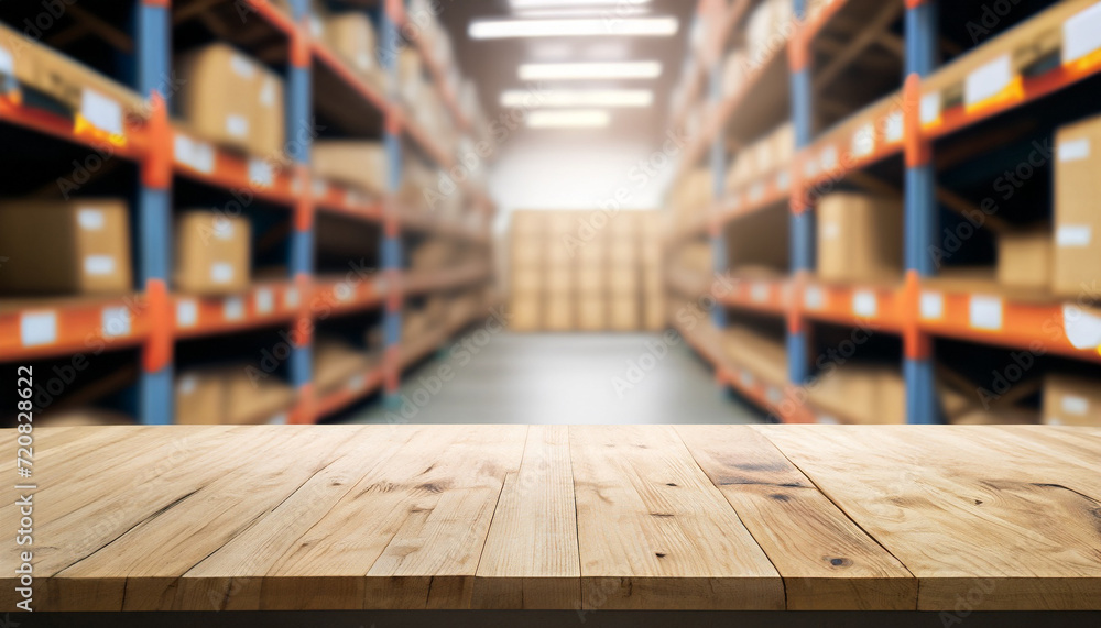Poster the empty wooden table top with blur background of warehouse storage. exuberant image. for mock up o