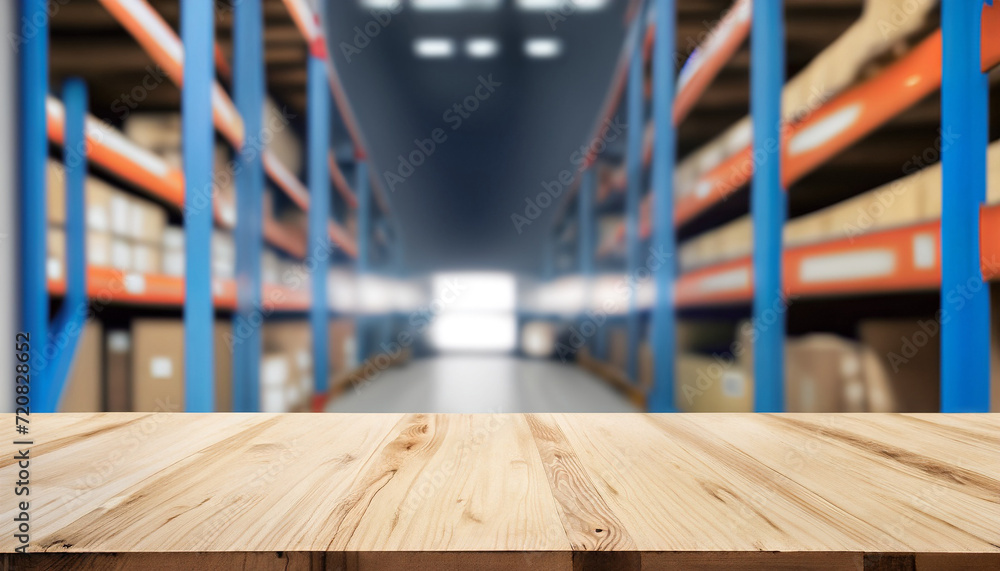 Poster the empty wooden table top with blur background of warehouse storage. exuberant image. for mock up o