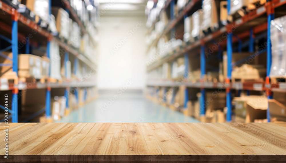 Poster the empty wooden table top with blur background of warehouse storage. exuberant image. for mock up o